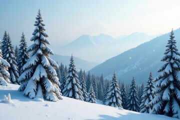 Dense snowy branches of coniferous trees against a hazy winter sky, forest scenery, mountain range