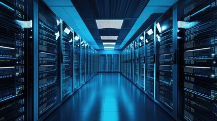 Fototapeta premium Futuristic data center with illuminated server racks and advanced networking technology. Ideal for cloud computing, cybersecurity, and enterprise solutions