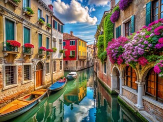 Obraz premium Surreal Venice: Dreamlike Canal Scene with Classical Architecture and Moored Boats