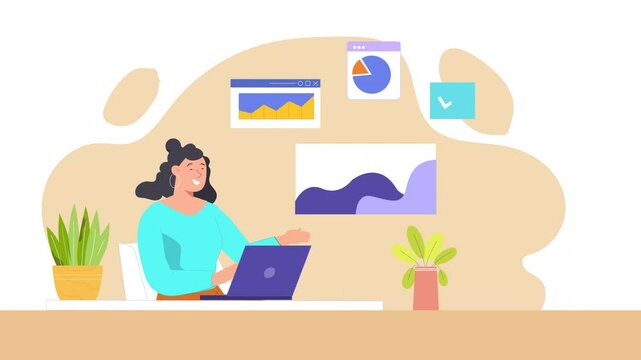 Flat vector scene animation focusing on the role of an analytics department, with characters analyzing data, creating reports, and using charts to derive business insights.