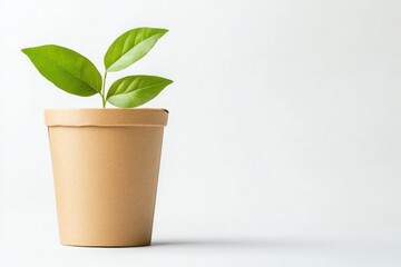 Obraz premium Green Plant Growing in Simple Brown Pot Against Light Background