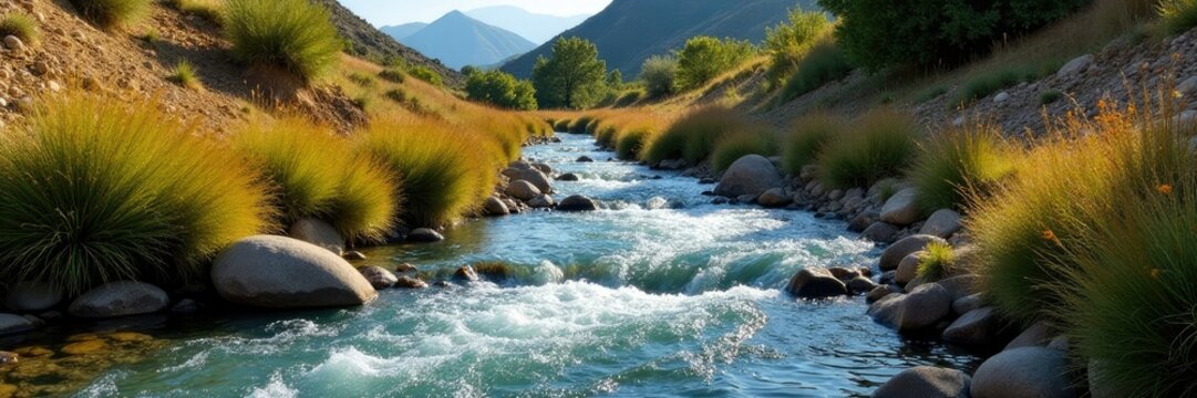 El ruido del arroyo se mantiene constante mientras el agua fluye constantemente por un camino de piedra, flor, piedras, yermo