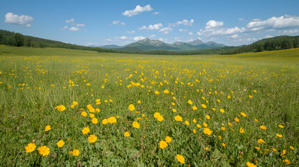 Fototapeta premium Yellow wildflowers bloom across a vast green meadow under a blue sky with distant mountains during a sunny summer day.