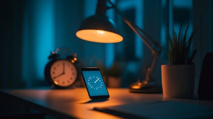 A smartphone on a desk showing the time late at night. Featuring sleep disruption