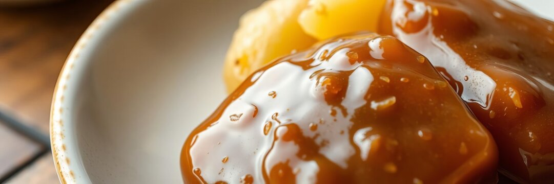 Close-up of a plate of daigaku imo, traditional Japanese candied sweet potatoes, with a glossy glaze, sweet, plate, glaze