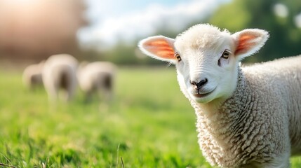Obraz premium Adorable Baby Sheep Grazing in Green Meadow with Soft Focus Background : Generative AI