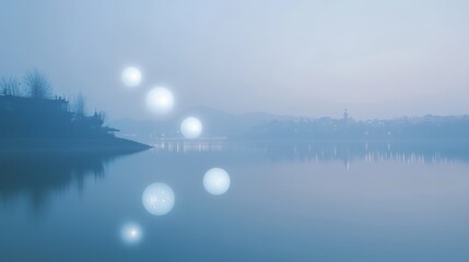 Fototapeta premium Serene Twilight Glow: Ethereal Orbs Ascend Over Reflective Waters and Cityscape