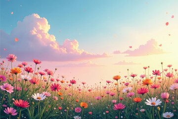 Obraz premium Field of wildflowers against a soft pastel gradient sky, sky, abstract, landscape