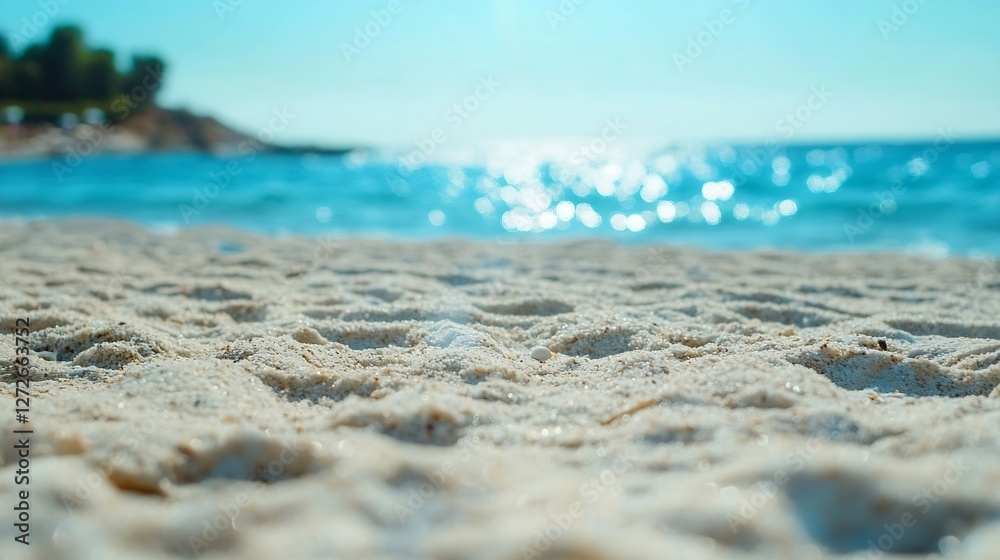 Poster close up of sandy beach with gentle waves and bright sunlight glimmering on the water surface : gene