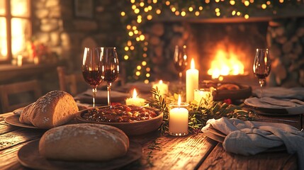 Obraz premium A heartwarming candlelit dinner, a rustic dining table surrounded by family, golden candlelight reflecting off wine glasses, freshly baked bread and hearty stew served,