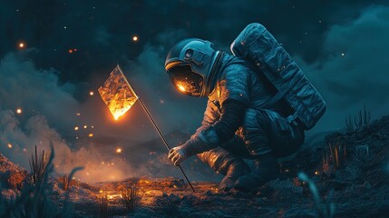 Fototapeta premium An astronaut planting a glowing flag on an alien planet