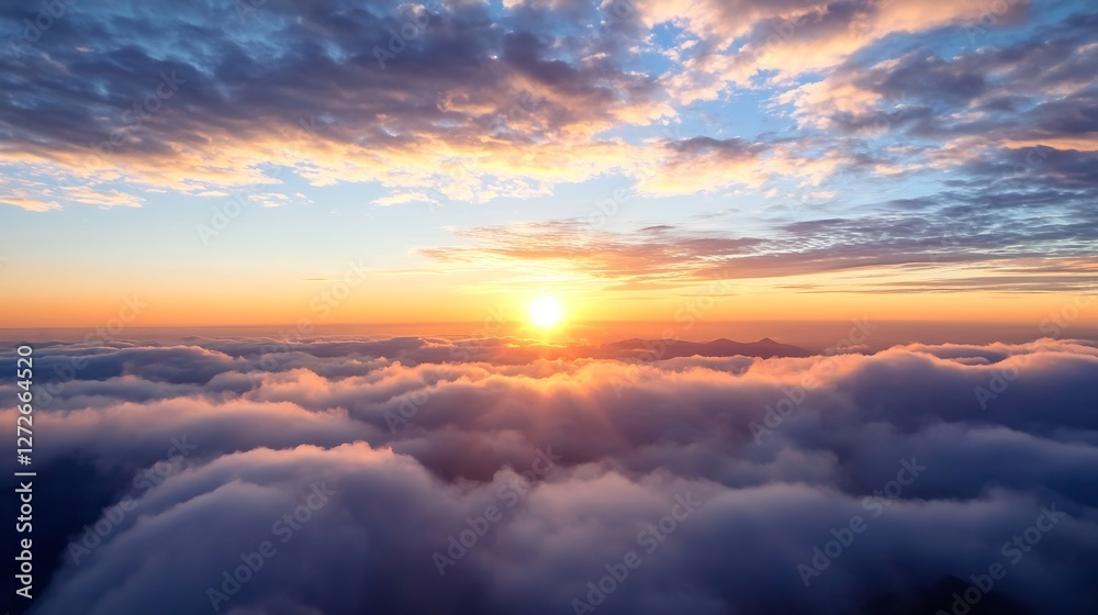 Poster breathtaking panoramic view of a vibrant sunrise rising above soft clouds creating a magical sky lan