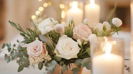 Beautiful Floral Arrangement with Soft Pink Roses and Candles Creating a Romantic Ambiance : Generative AI