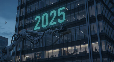 Obraz premium Robotic arm working on building displaying the year twenty twenty five