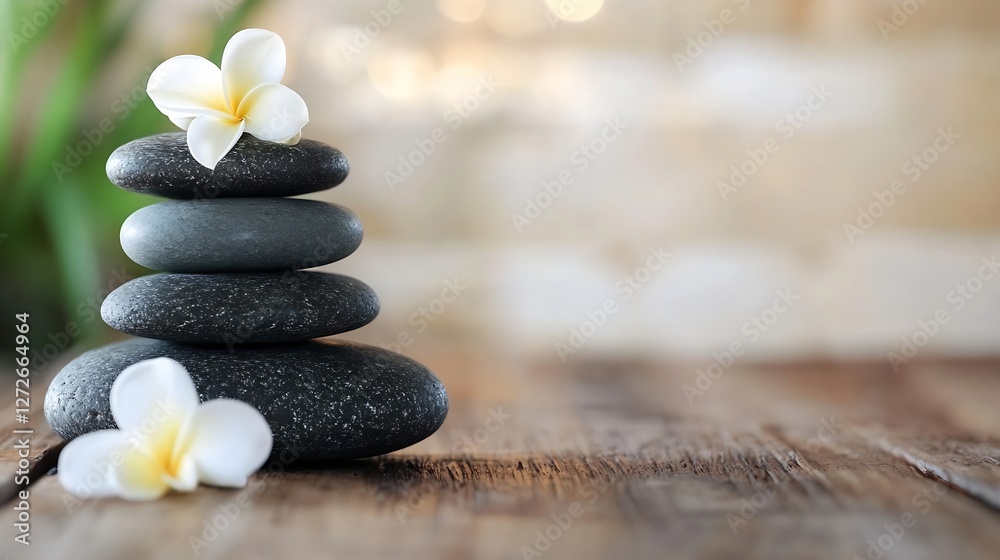 Poster arrangement of smooth stones with white flowers creating a tranquil and meditative atmosphere : gene
