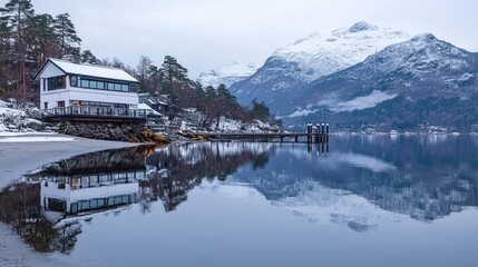 Snowy fjord house reflection, winter landscape, Norway travel