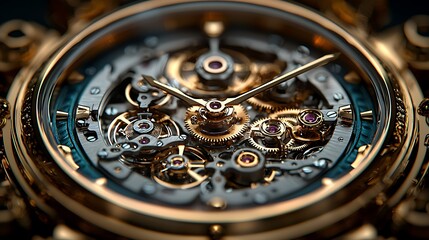 Intricate gold watch mechanism detail; close-up; luxury timepiece; advertising
