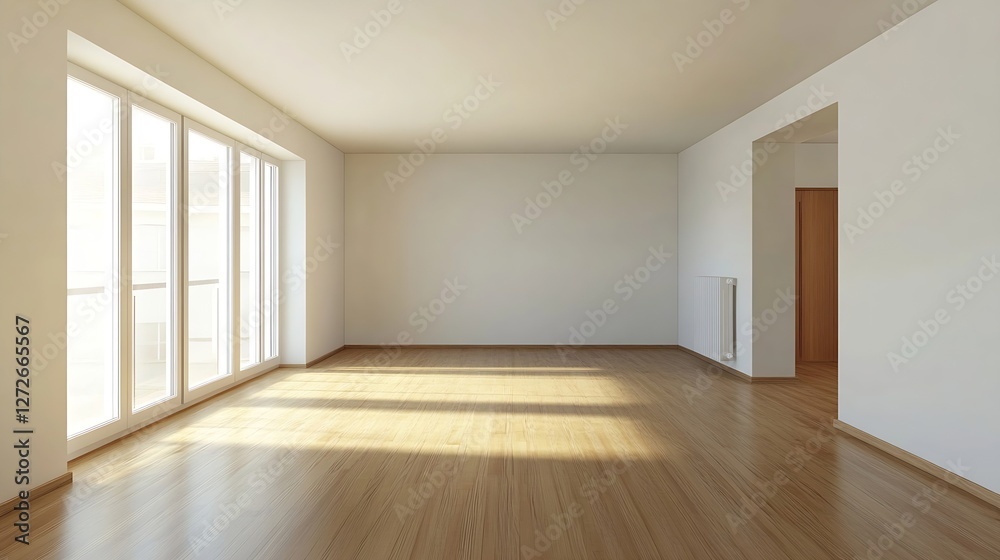 Poster empty minimalist living room with large windows and natural light : generative ai