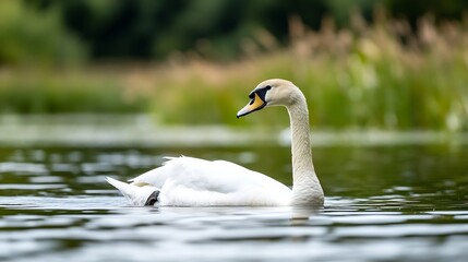 Obraz premium Graceful White Swan Swimming in a Serene Green Lake Surrounded by Nature : Generative AI