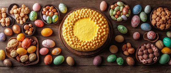 Festive Easter Table with Yellow Cake, Decorated Eggs, and Treats