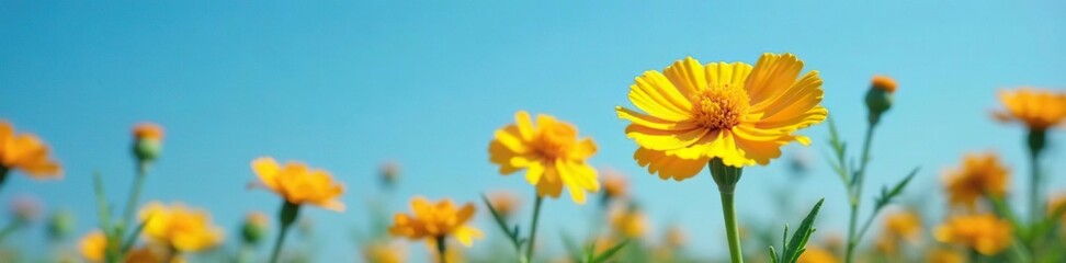 A bright yellow marigold flower blooming against a blue sky, marigold, naturalworld, yellow