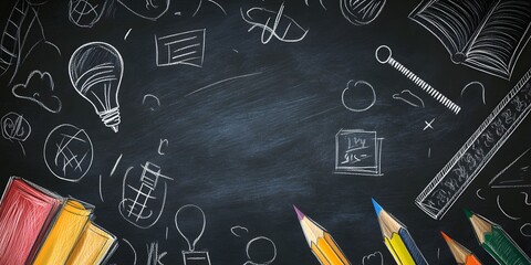 Abstract Blackboard with Hand-Drawn School Supplies and Colorful Pencils on a Dark Background