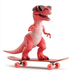 A playful pink dinosaur wearing sunglasses skateboards on a wooden board