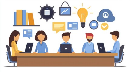 Team collaboration at a modern office with laptops and digital icons.