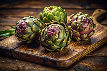 Obraz premium Three artichokes on rustic wooden board, close-up, rule of thirds composition