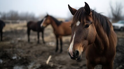 Obraz premium Close up of a beautiful brown horse standing in a farm environment with other horses in the background on a cloudy day : Generative AI
