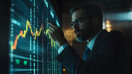 Fototapeta premium Business Leader Analyzing Economic Trends in Modern Workspace with Projected Data Visualization
