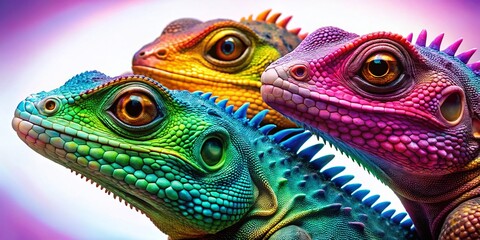 Naklejka premium Three Stylized Lizard Heads, Vibrant Colors, Night Photography, White Background