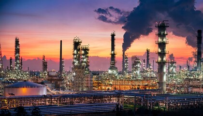 Fototapeta premium Industrial Sunset: A sprawling industrial complex, with towering structures and emitting smoke, paints a vivid scene against a sunset sky. The complex is bathed in a warm glow.
