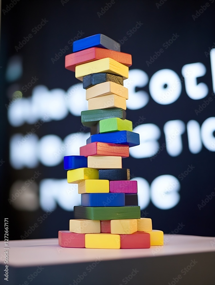 Poster colorful wooden blocks stacked in a tower against a dark background : generative ai