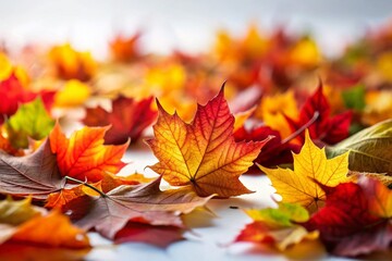 Fototapeta premium Tilt-Shift Autumn Leaves: Vibrant Fall Colors on White Background