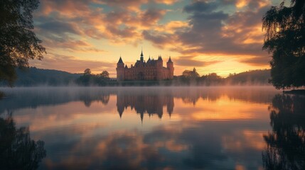 Fototapeta premium Majestic Castle Reflected in a Serene Lake at Dawn