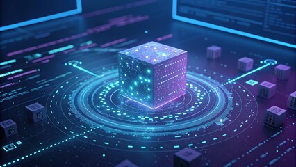 A glowing cube surrounded by digital circuits and data points, illustrating futuristic technology and data processing.