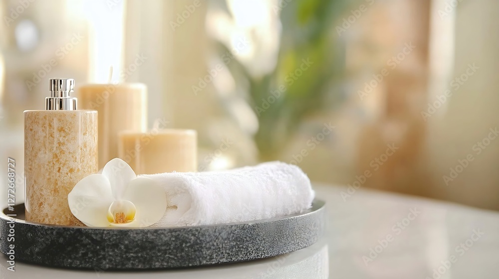 Poster spa essentials with candles and towel for a tranquil home environment : generative ai