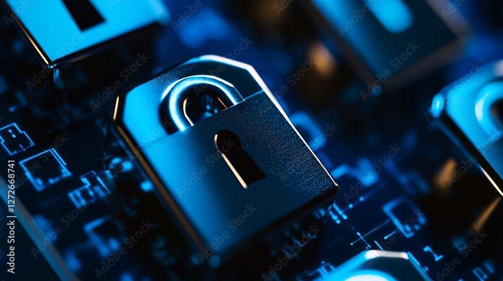 Poster Close up of digital padlock on circuit board for cybersecurity technology concepts : Generative AI