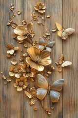 Fototapeta premium 3D wallpaper with golden flowers and butterflies against a wooden texture background, featuring elegant designs