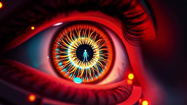 Close-up of a vibrant human eye with intricate patterns and a tiny figure inside, surrounded by glowing elements