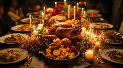 A magical Thanksgiving evening, a beautifully plated turkey dinner with rich autumn colors, a long rustic table adorned with candles and seasonal flowers, a loving family sharing gratitude,