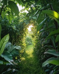 Obraz premium Dementia risk represented by a neglected, overgrown garden. Featuring soft, diffused light and rich greens