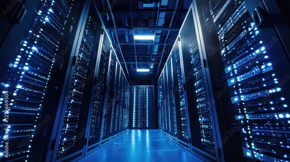 Aufkleber Advanced data center with illuminated server racks and high-tech networking, symbolizing cloud computing, cybersecurity, and digital infrastructure. Ideal for IT and AI themes