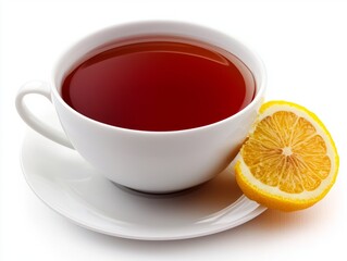 A steaming cup of tea with a lemon slice on a white plate, showcasing a cozy setting