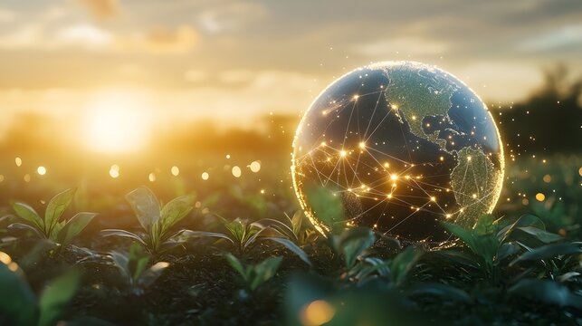 Futuristic Digital Earth Globe with Glowing Network in Natural Landscape at Sunset