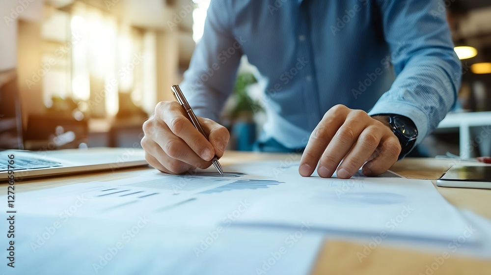 Poster Businessman Analyzing Financial Graphs and Making Notes in Modern Office Setting : Generative AI