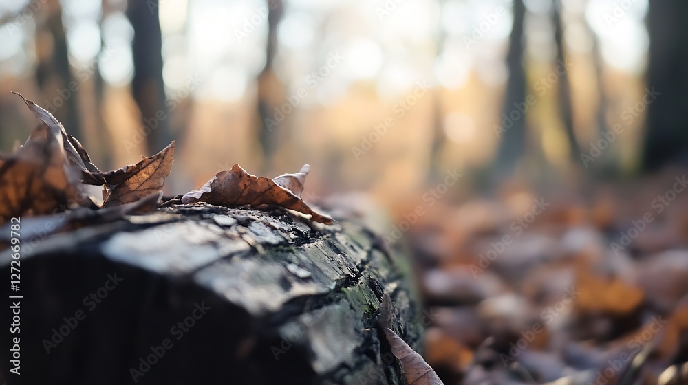 Poster autumn background featuring leaves and a fallen log in a forest setting with soft natural light : ge