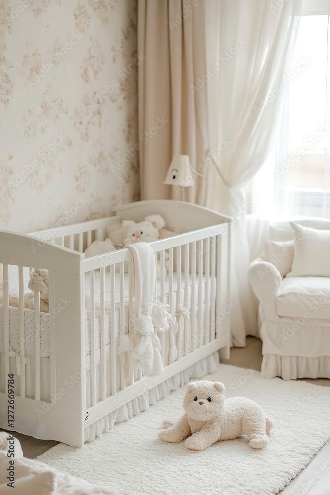 Poster cozy nursery design featuring a white crib plush teddy bear and warm natural lighting : generative a