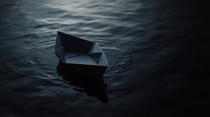 Fototapeta premium Dementia risk represented by a paper boat sinking into dark water. Featuring soft lighting and muted colors